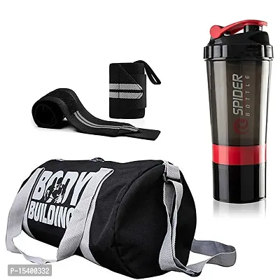 Body bulding Gym Bag Combo Sports Bag Men's Combo of Leather Gym Bag, Black Wrist Support Band and Spider Shaker Bottle (red)-thumb0