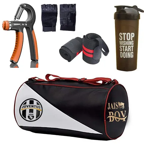 JAISBOY Combo Set Gym Bag with Gym Gloves with Wrist Support Band and Stop Black Bottle and Hand Gripper