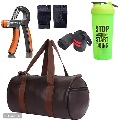 JAISBOY Combo Set Gym Bag with Gym Gloves with Blue Wrist Support Band and Stop Green Bottle and Hand Gripper (Brown)