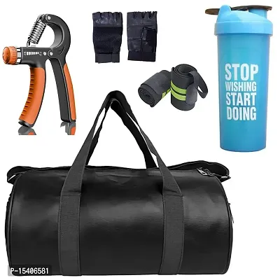 JAISBOY Combo Set Gym Bag with Gym Gloves with Wrist Support Band and Stop Blue Bottle and Hand Gripper (Black)