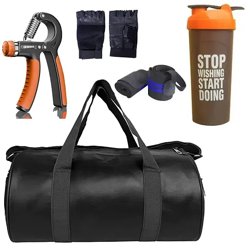 JAISBOY Combo Set Gym Bag with Gym Gloves with Wrist Support Band and Stop org Bottle and Hand Gripper