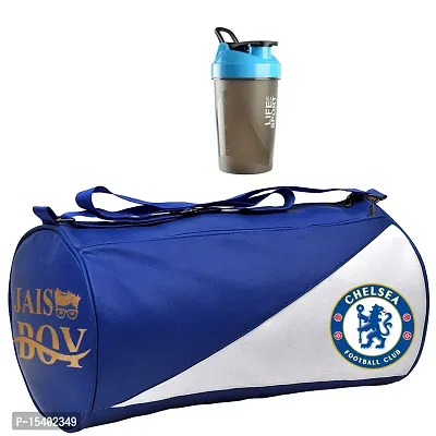 JAISBOY White and Blue Gym Bag Combo Sports Men's Combo of Leather Gym Bag, Life Bottle Blue Shake Fitness Kit Accessories