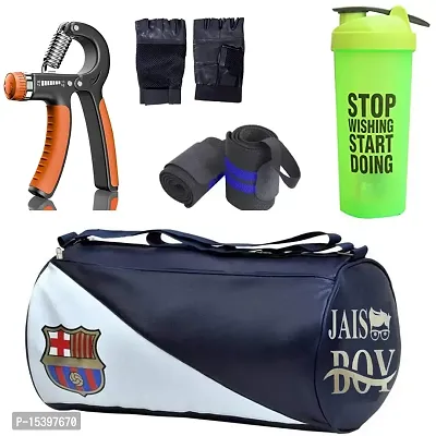 JAISBOY Combo Set Gym Bag with Gym Gloves with Wrist Support Band and Stop Green Bottle and Hand Gripper (FCB)