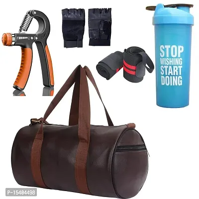 JAISBOY Combo Set Gym Bag with Gym Gloves with Red Wrist Support Band and Stop Blue Bottle and Hand Gripper (Brown)