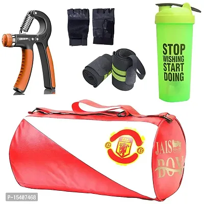 JAISBOY Combo Set Gym Bag with Gym Gloves with Wrist Support Band and Stop Blue Bottle and Hand Gripper (red)