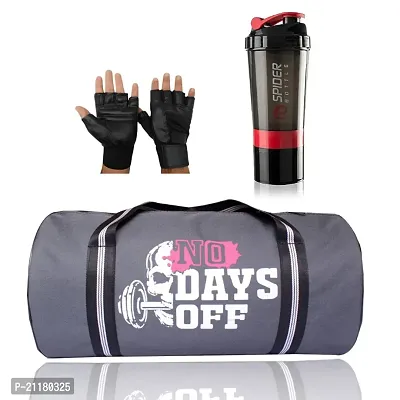 Gym Bag Combo for Men Black Gym Bag, Shaker Spider Bottle and Gloves Gym  Exercise_and_Fitness Kit (NODAYSOFF)