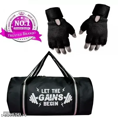 Combo set of Gym bag Polyester and high qualtiy Gloves (Black, Free Size)