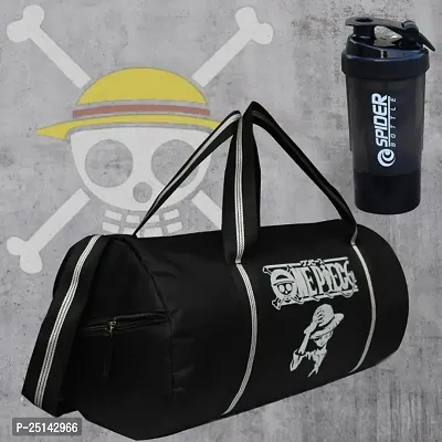 One piece anime printed gym Polyester Bag combo of Gym Bags/Adjustable Shoulder Bag for Men/Unisex Sports Carry Bag with Gym Shaker Bottle | Shakers for Protein Shake with 2 Storage Compartment-thumb0