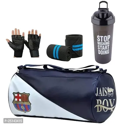 Combo Set Gym Bag with green Wrist Support Band and Blue stop Bottle and High quality black Glove