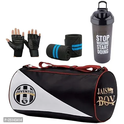 Combo Set Gym Bag with green Wrist Support Band and Blue stop Bottle and High quality black Glove-thumb0
