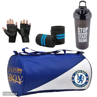 Combo Set Gym Bag with green Wrist Support Band and Blue stop Bottle and High quality black Glove
