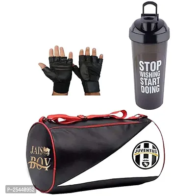 Sports Mens Combo of Leather Gym Bag, stop Shaker bottle with black Gloves Fitness Kit Accessories-thumb0