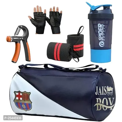 Combo Set of Gym Bag with Gym Gloves with Wrist Support Band and spider Shaker Bottle and Hand Gripper-thumb0