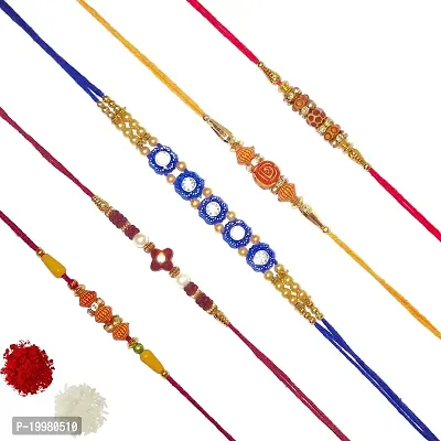 Satvykta Crafted Three Pearl Diamond Designer Thread Rakhi for Men, Combo Rakhi (Pack of 5_Multicolor), Free Size (JRCMBLCL-18)-thumb0