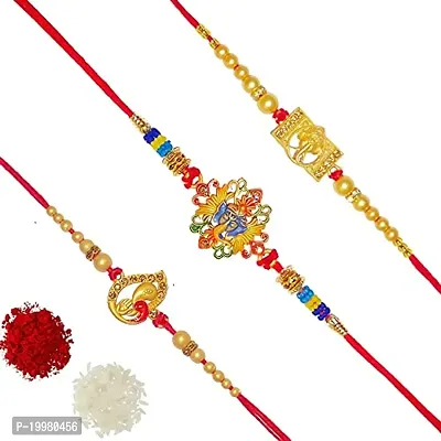 Satvykta Ganesha Metal Pendant Designer Thread Rakhi for Men (Gold Ganesha, Colorful Ganesha) Combo (Pack of 3_Multicolor)