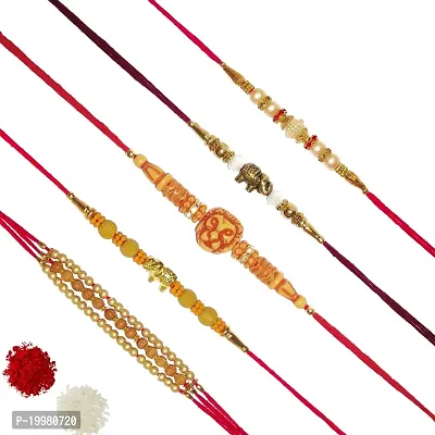 Satvykta Crafted Lion Elephant Rudraksh Heavy Pearl Designer Thread Rakhi for Men (Gold Elephant, Crafted Lion, Three Line Rudraksh) Combo Rakhi (Pack of 5_Multicolor)