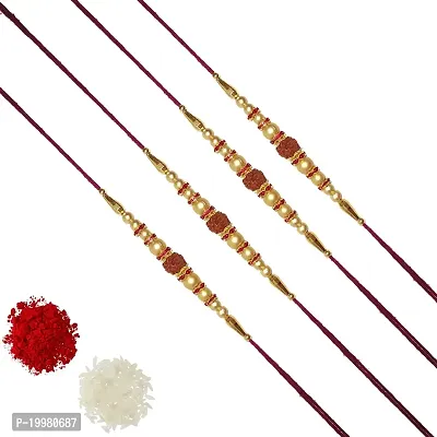 (Combo of 4) Satvikta Premium Quality Sanitized Rudraksh With Golden Pearl Rakhi with Roli and Chawal Designer thread rakhi for brother