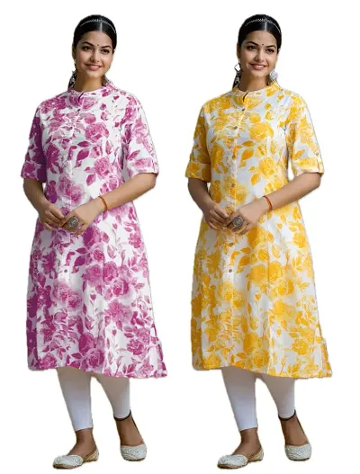 Stylish Cotton Blend Printed Straight Kurtis - Pack Of 2