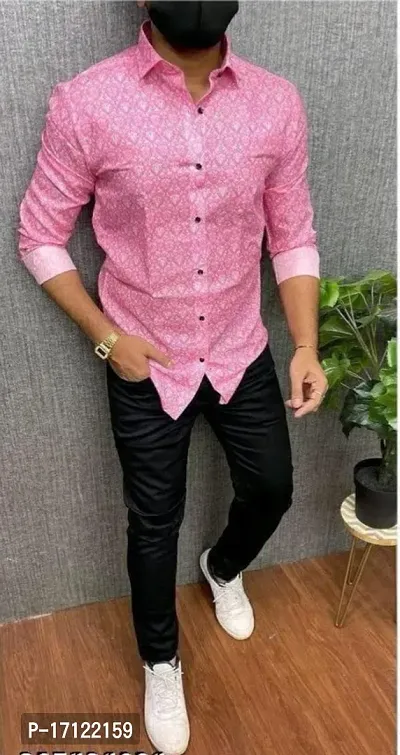 Men Party Wear Pink Cotton Print Stitched Shirt