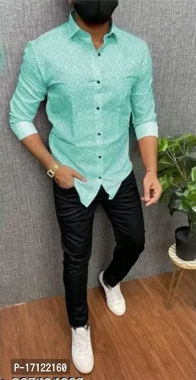 Turquoise Cotton Printed Casual Shirts For Men