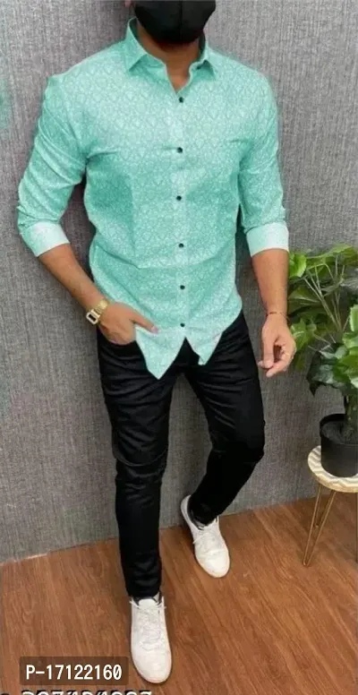 Stylish Turquoise Cotton Printed Stitched Shirt For Men-thumb0