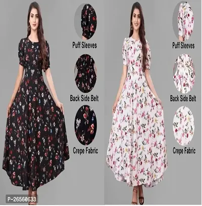 Stylish Printed Puff-Sleeve Maxi Frock For Women Black, White-thumb0