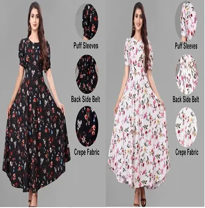 Stylish Printed Puff-Sleeve Maxi Frock For Women Black, White
