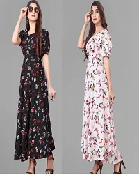 Stylish Printed Puff-Sleeve Maxi Frock For Women Black, White-thumb1