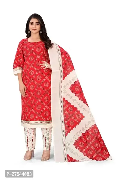 Stylish Pure Cotton Printed Kurti Pant With Dupatta Set Red-thumb0
