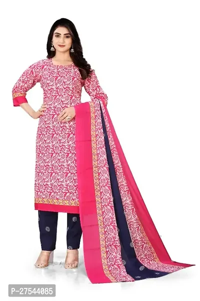 Stylish Pure Cotton Printed Kurti Pant With Dupatta Set Pink