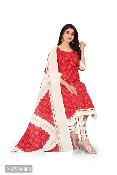 Stylish Pure Cotton Printed Kurti Pant With Dupatta Set Red-thumb2