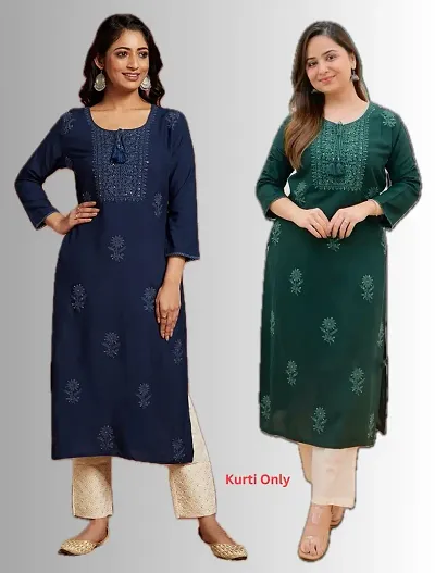 Stylish Rayon Embroidered Straight Kurtis - Pack Of 2