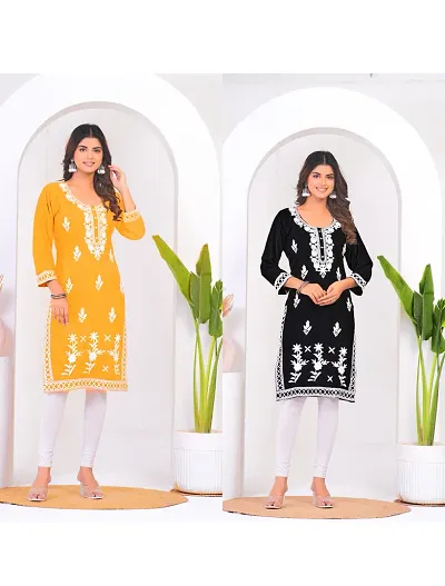 Stylish Rayon Embroidered Straight Kurtis - Pack Of 2