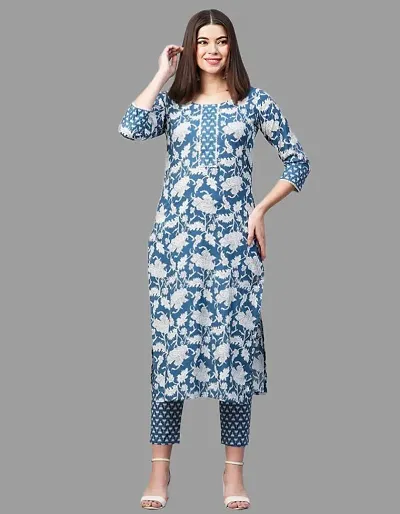 Stylish Rayon Slub A-Line Printed Kurta with Bottom Set