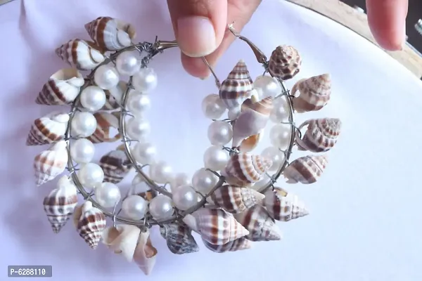 Multicoloured Pearl Sea Shell Brass Plated Hoop Earings For Women