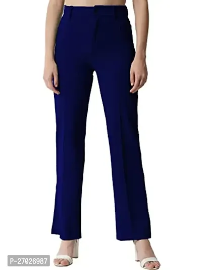 Elegant Navy Blue Elastane Solid Trousers For Women-thumb0