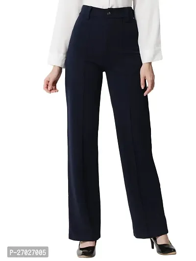 Elegant Navy Blue Elastane Solid Trousers For Women-thumb0