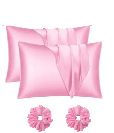 Elevate Your Beauty Sleep with Satin Silk Pillow Covers for Hair and Skin 2-Pack + Bonus 3-Pack Silk Scrunchies in Luxurious Rose Pink, Standard Size 20x30 Inches
