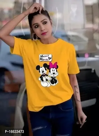 Micky Mouse Printed Short Sleeve Round Neck Yellow T Shirt for Women and Girls-thumb0