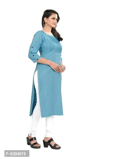 KD Women's Cotton/Khadi Material Straight Cut 3/4th Sleeves Kurta(Blue,L)-thumb3