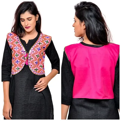 Women's Cotton Blend Kutchi Embroidered Sleeveless Short Jacket/Koti/Shrug (Gamthi)