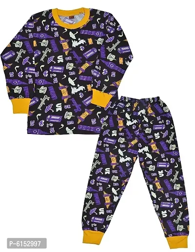 Elegant Purple Cotton Printed Night Top with Bottom Set For Kids