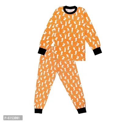 Elegant Peach Cotton Printed Night Top with Bottom Set For Kids