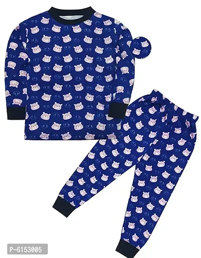 Elegant Blue Cotton Printed Night Top with Bottom Set For Kids