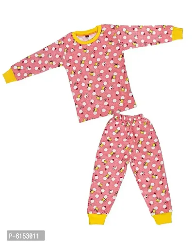 Elegant Pink Cotton Printed Night Top with Bottom Set For Kids