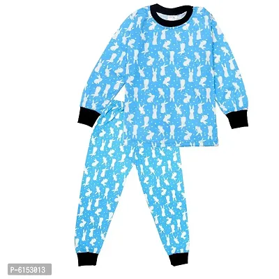 Elegant Turquoise Cotton Printed Night Top with Bottom Set For Kids