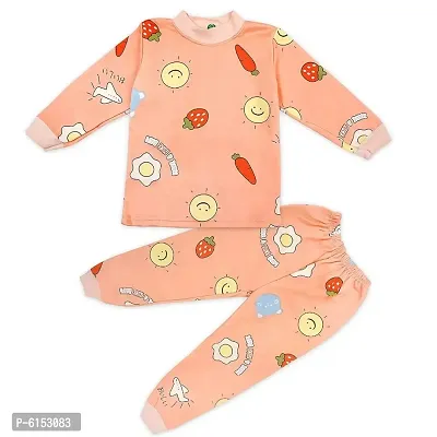 Stylish Peach Cotton Printed Winter Sweatshirt with Bottom Set For Kids