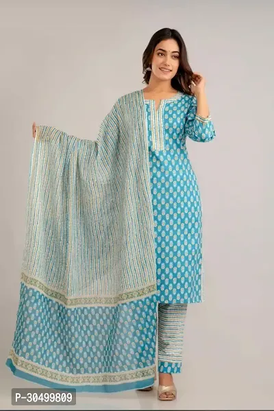 Elegant Blue Printed Cotton  Kurta Pant With Dupatta For Women-thumb0