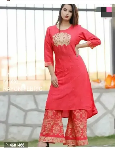 Red Embroidery Kurta with Printed Palazzo