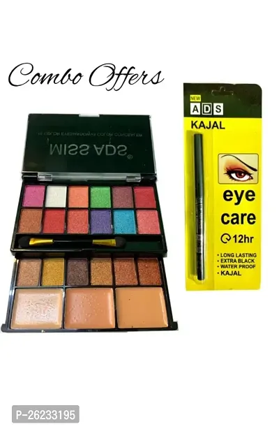 ADS 18 Color Eyeshadow 3 Blushes With 1 Brushes and ADS Kajal Black